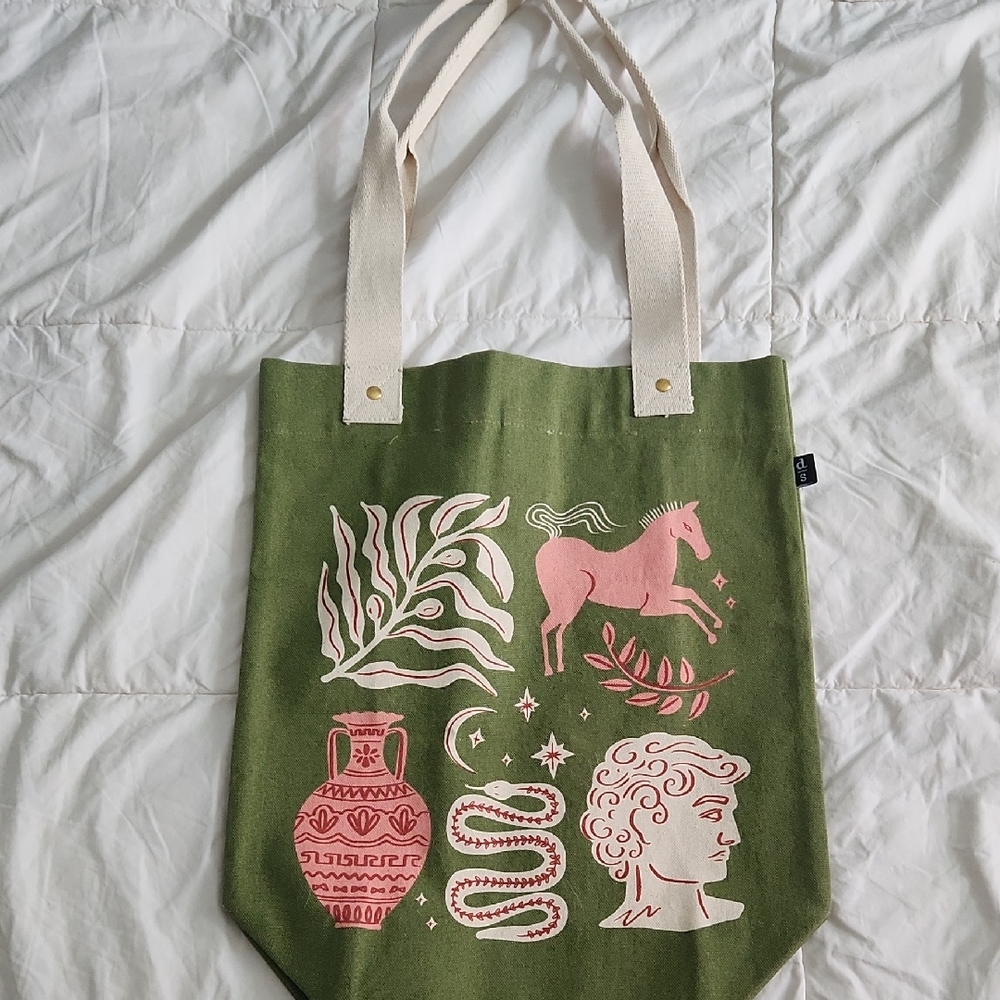 Green Canvas Tote with Pink Mythical Print